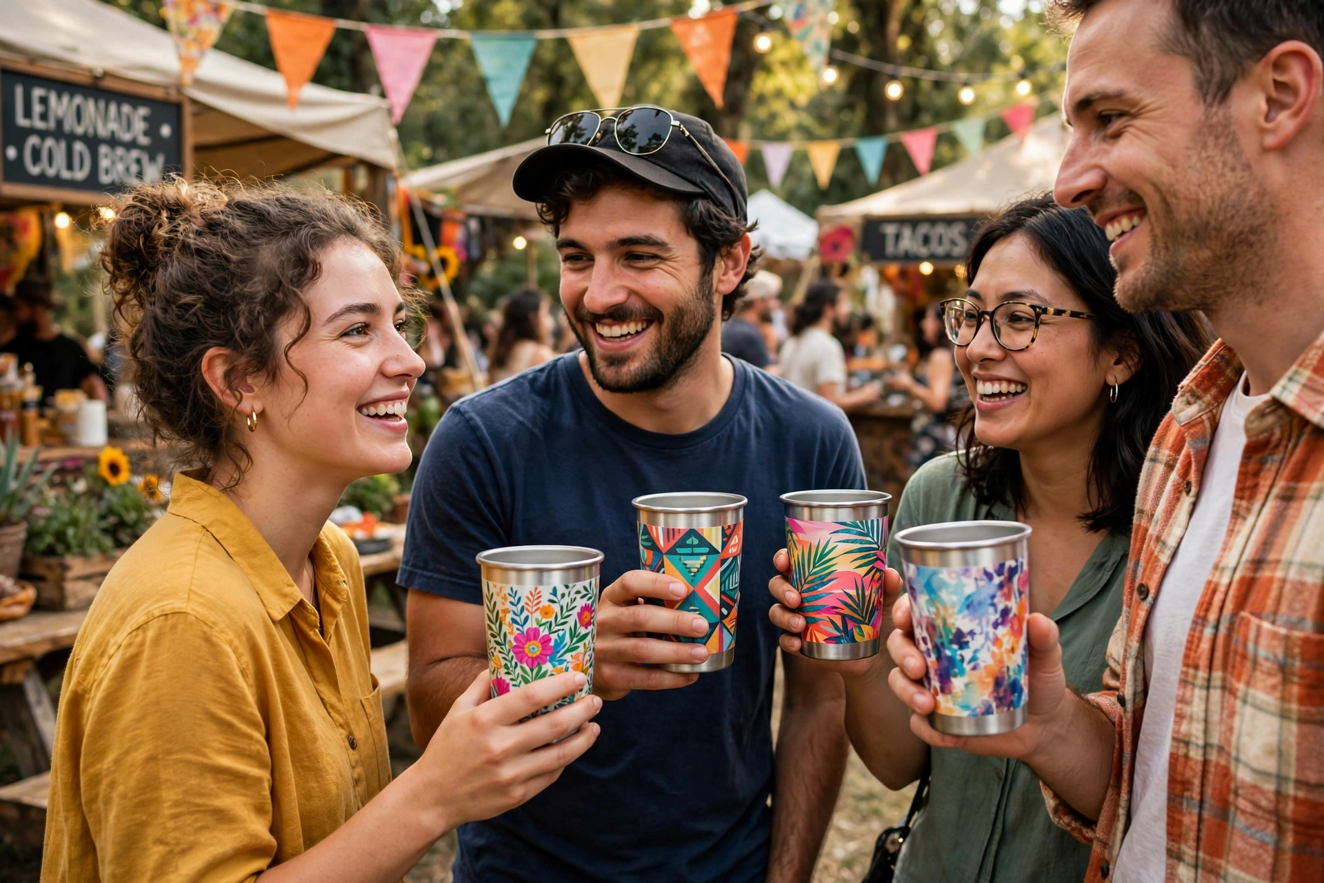 Friends holding printed aluminum cups at an outdoor event